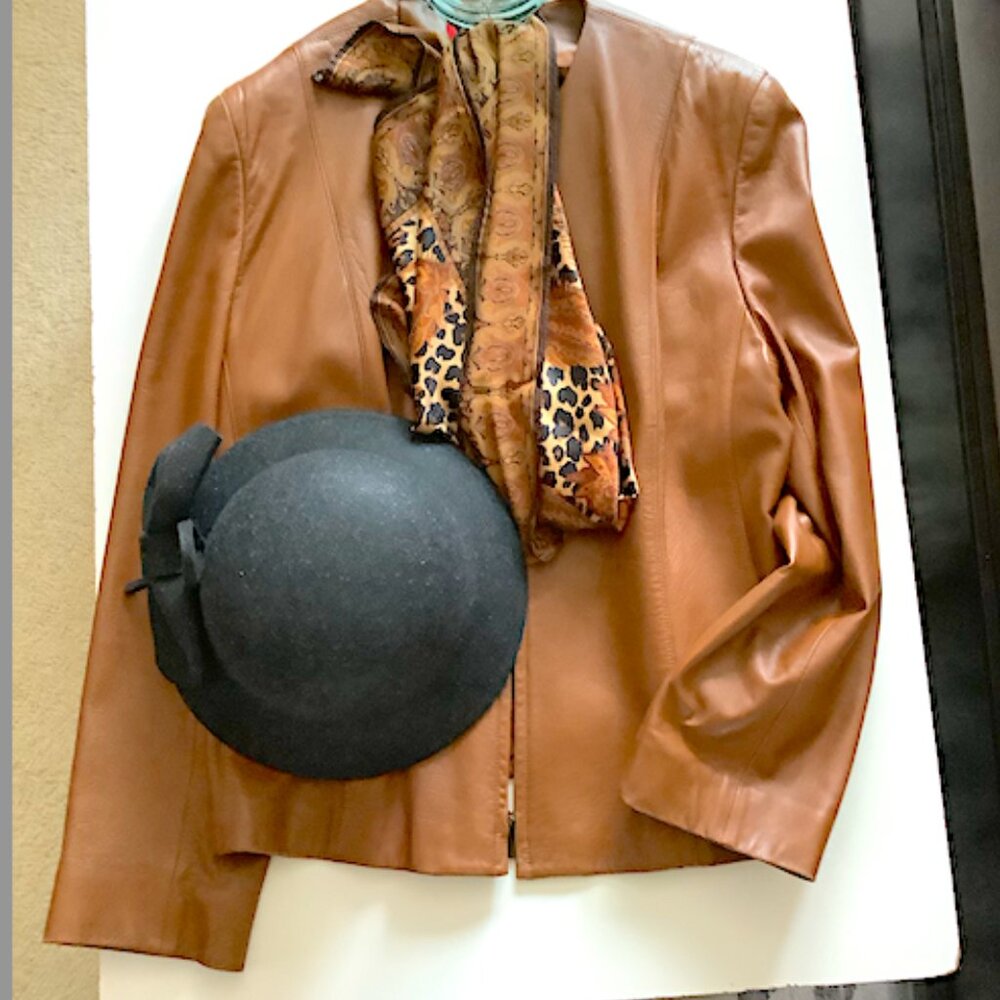Lot of 3: Anne Klein Toffee-colored leather jacket, Talbots scarf, grey felt hat